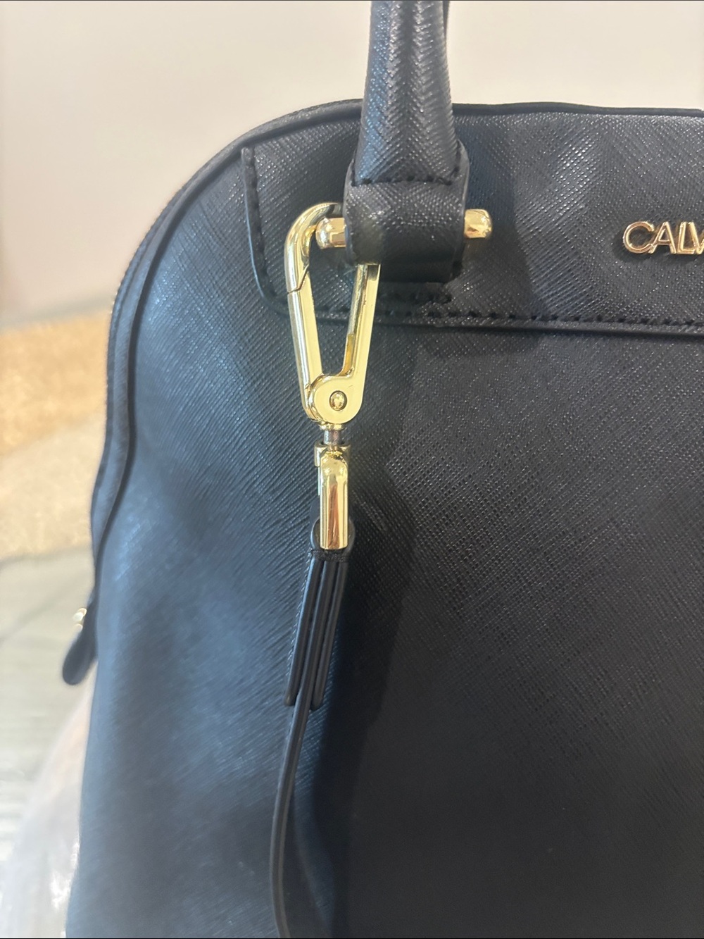 Calvin Klein Black Leather Dome Satchel with Gold Hardware - Picture 3 of 13